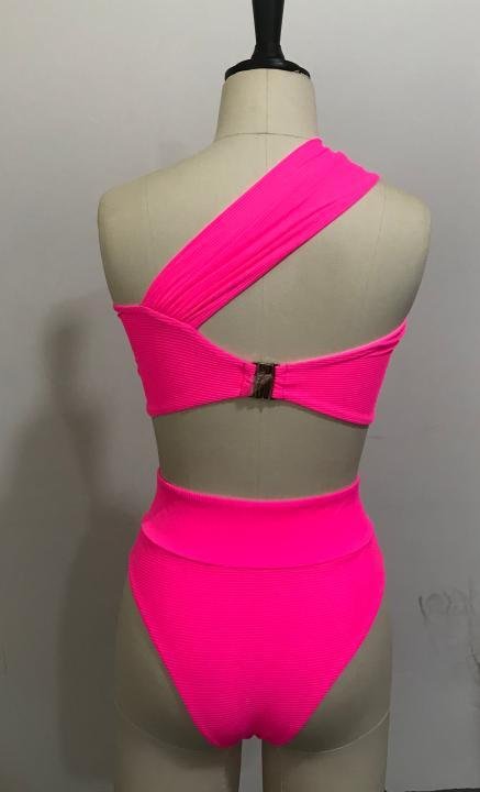 Neon Pink Asymmetric Twist Two-Piece Swimwear