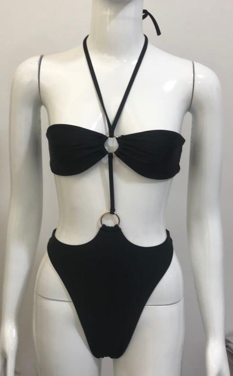 Luxury Black Plunge Monokini with Hardware Accents