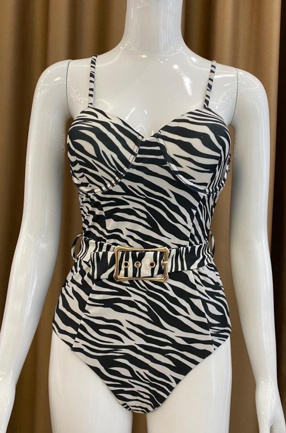 Premium Zebra Print Belted One-Piece Swimsuit