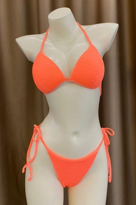 Premium Neon Coral Ribbed Tie-String Bikini Set