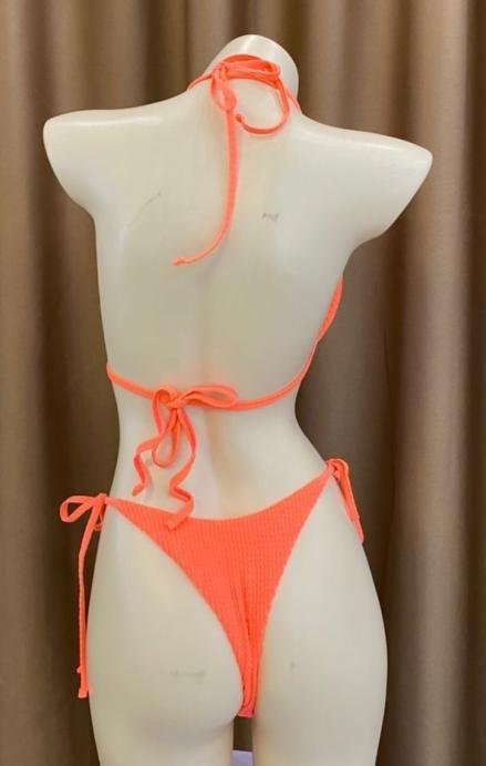 Premium Neon Coral Ribbed Tie-String Bikini Set