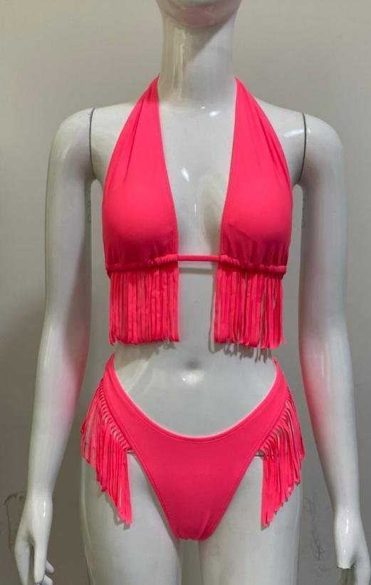 Premium Neon Pink Fringed Halter Bikini