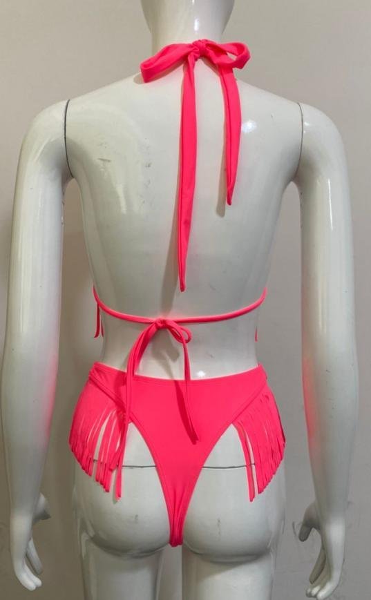 Premium Neon Pink Fringed Halter Bikini