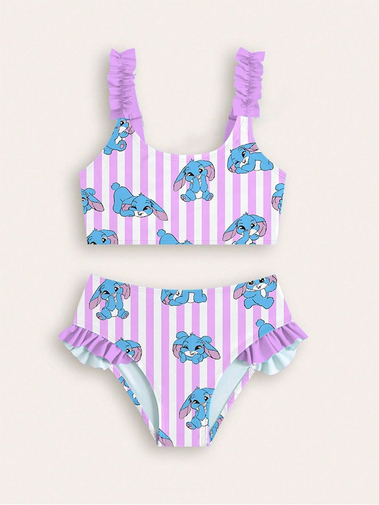 Girls' two-piece bikini set featuring purple and white stripes with a cartoon rabbit print, ruffled straps, and ruffled
