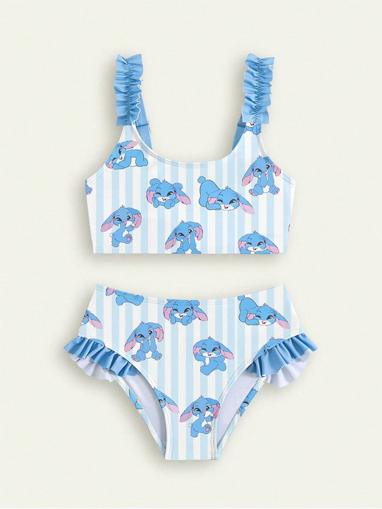 Girls' two-piece bikini set with blue and white stripes and bunny print, featuring ruffled straps and high-waisted bottoms.