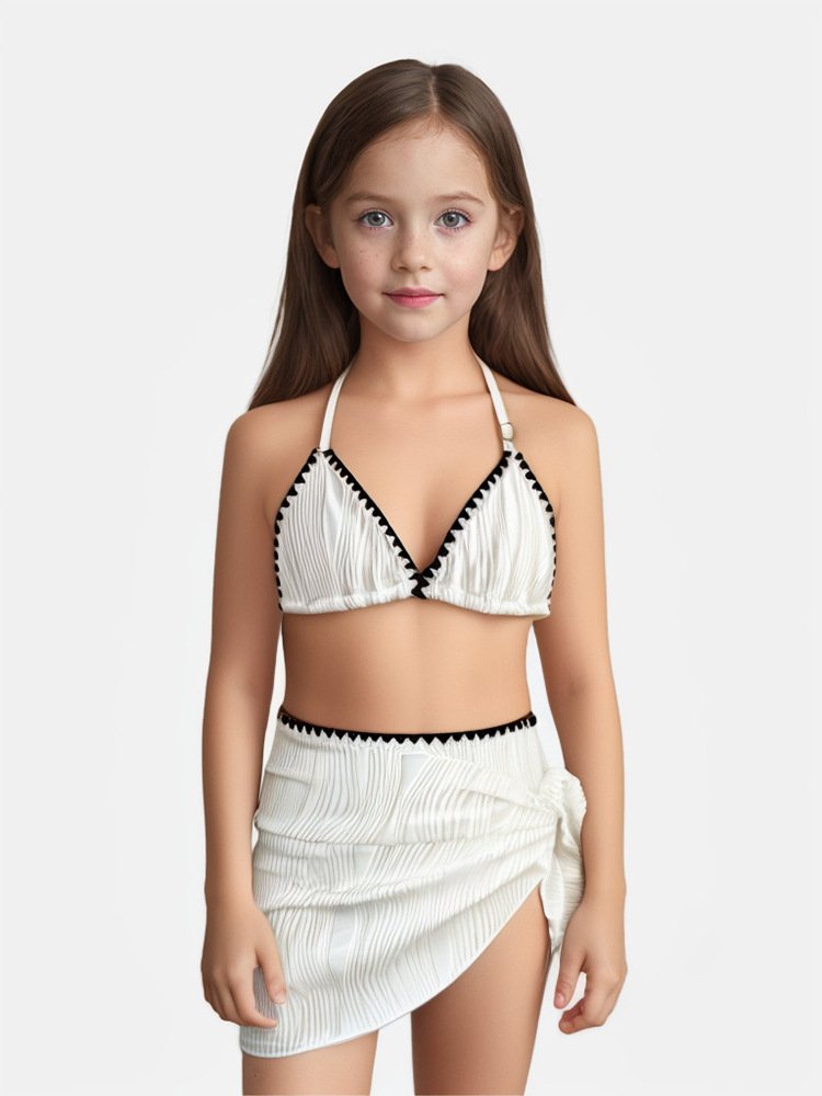 Girls’ Halter Triangle Bikini Set with Wrap Skirt