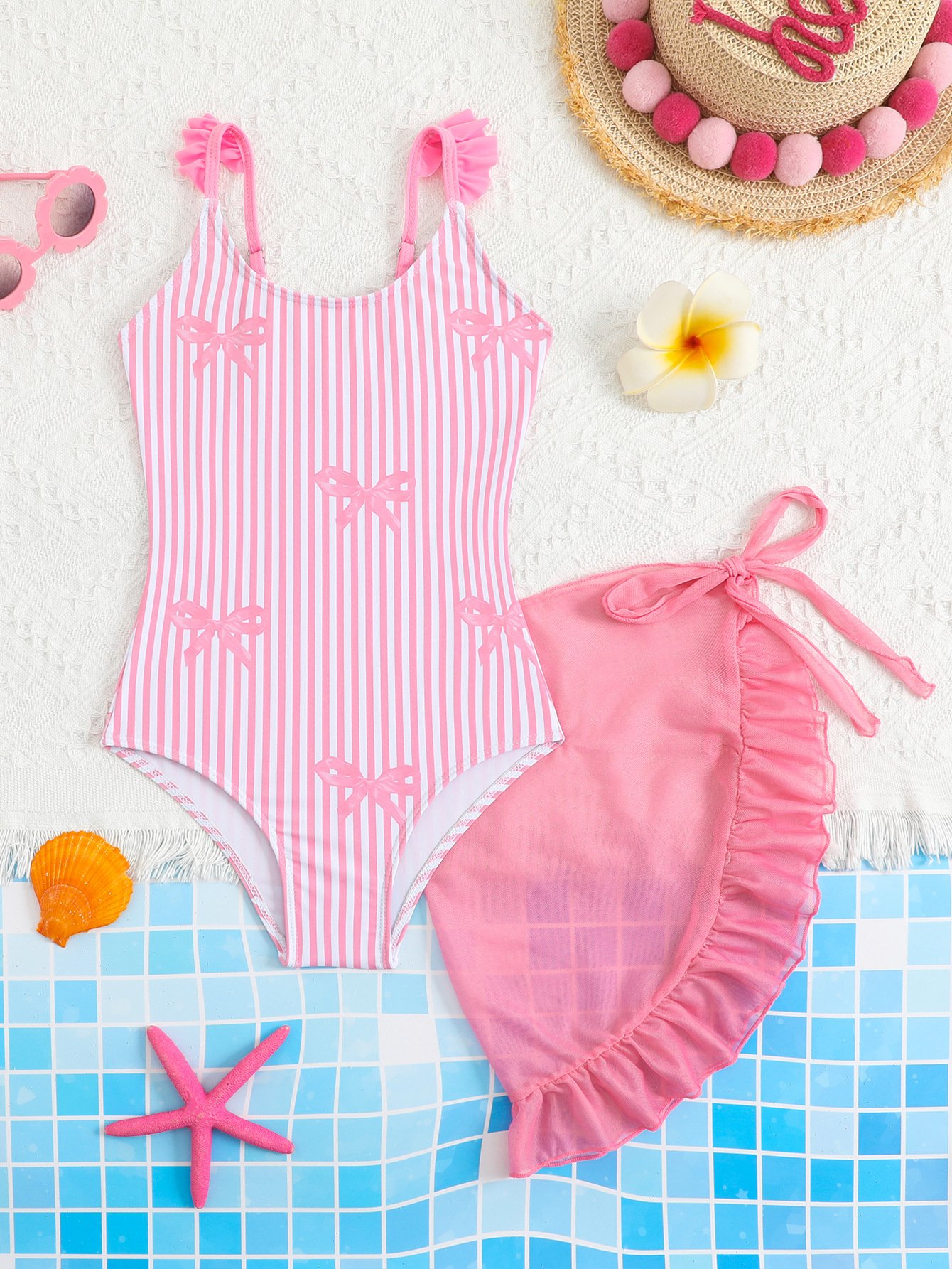 Girls’ Ruffle Strap One-Piece Swimsuit with Tie Skirt Set