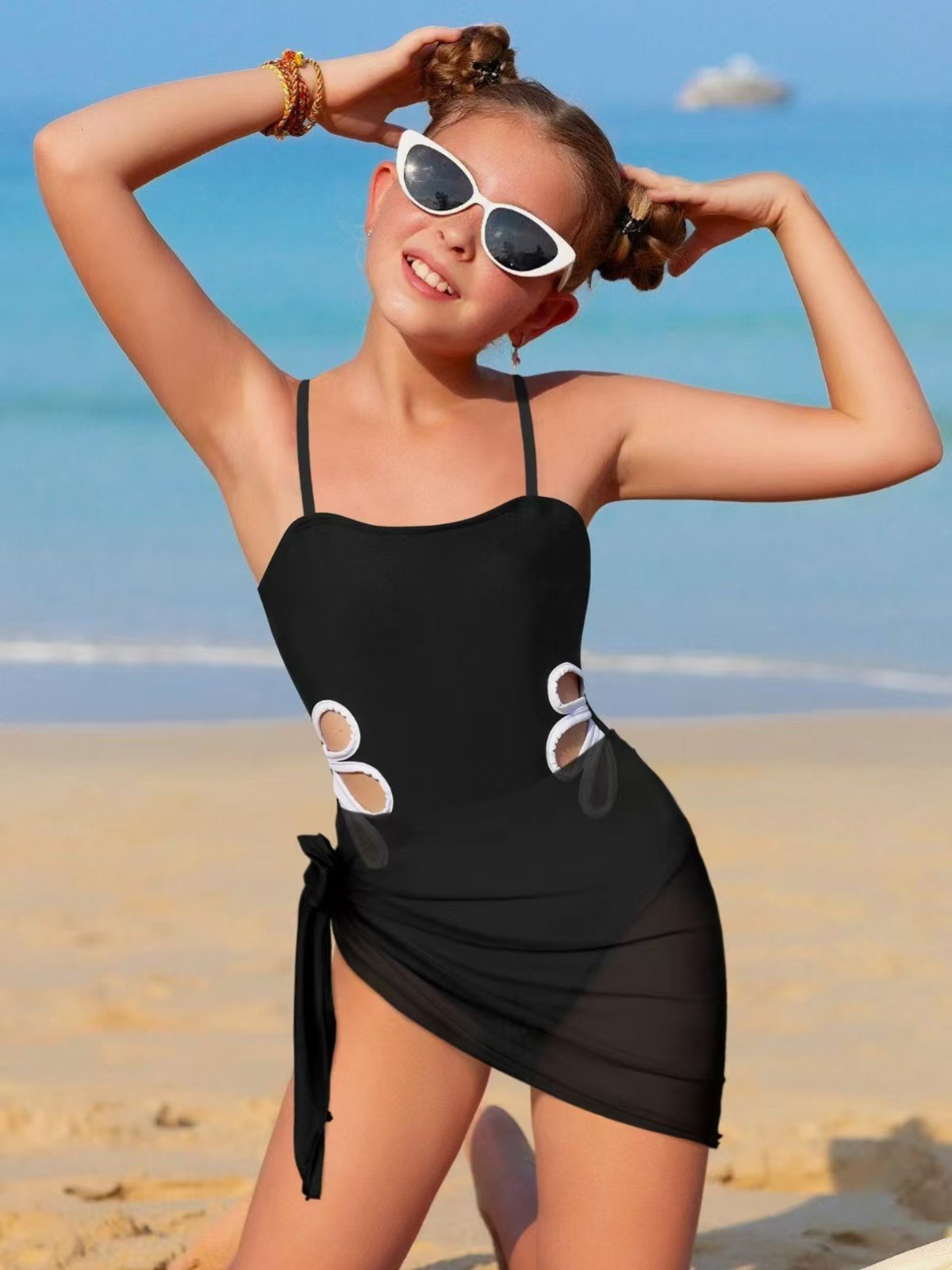 Girls’ Cutout One-Piece Swimsuit with Sarong Skirt