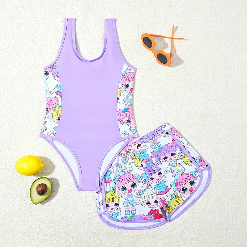 Girls Two-Piece Swim Set with Tank One-Piece and Shorts