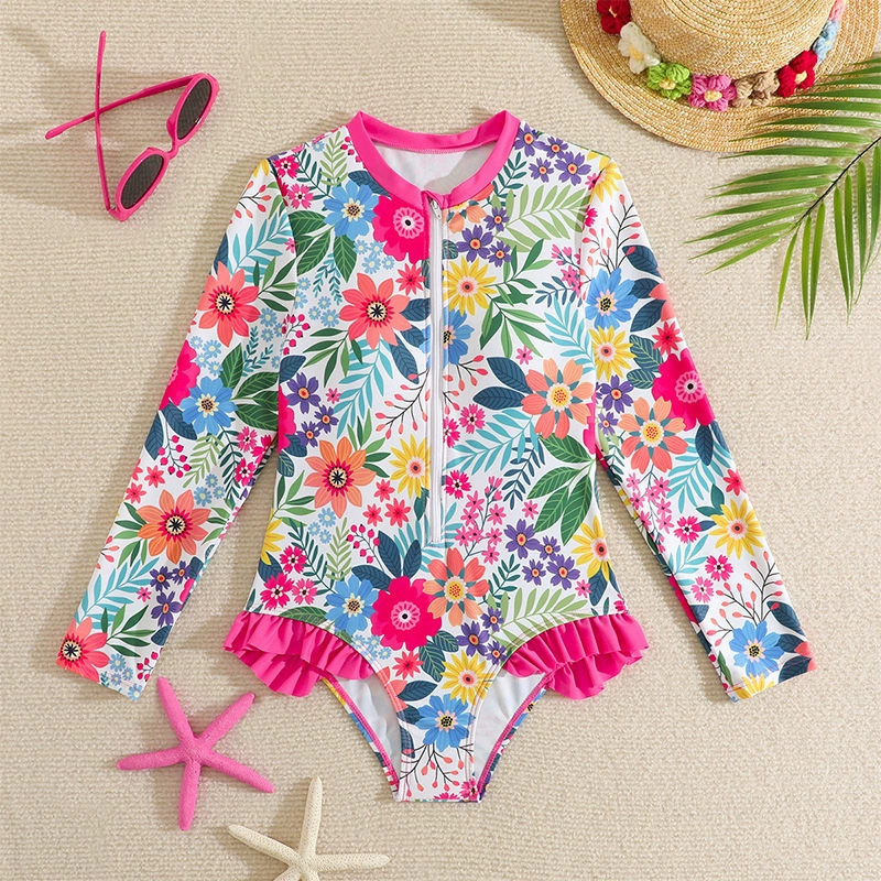 Girls Long Sleeve Zip-Front Ruffled One-Piece Swimsuit