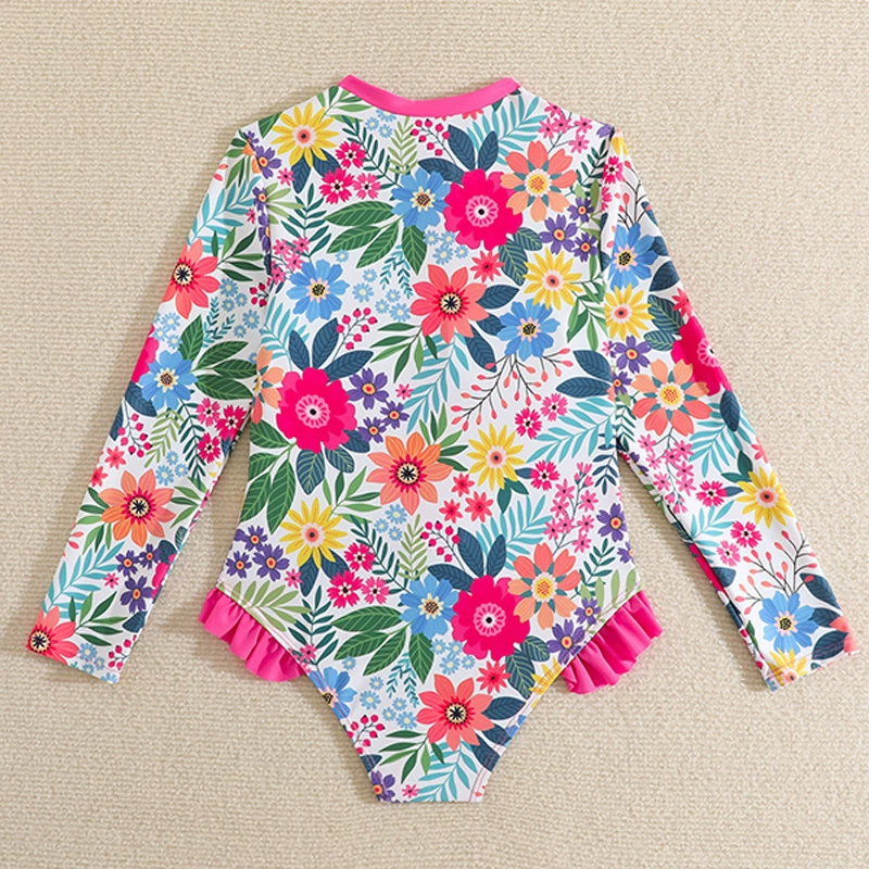 Girls Long Sleeve Zip-Front Ruffled One-Piece Swimsuit