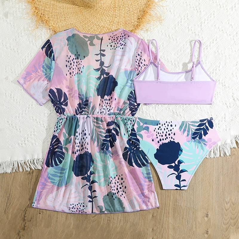 Girls Three Piece Bikini and Cover-Up Dress Set