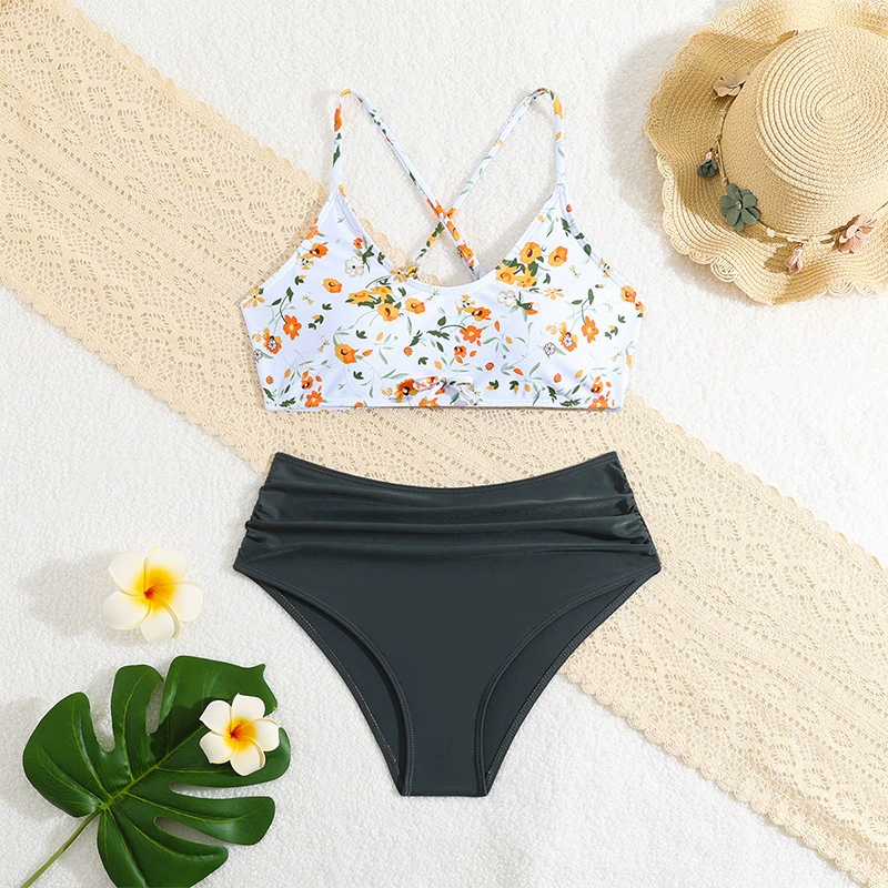 Girls Two-Piece Bikini Set with Cross-Back Top and High-Waisted Briefs