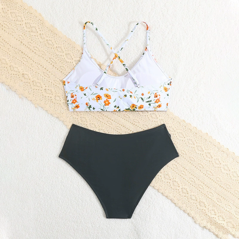Girls Two-Piece Bikini Set with Cross-Back Top and High-Waisted Briefs