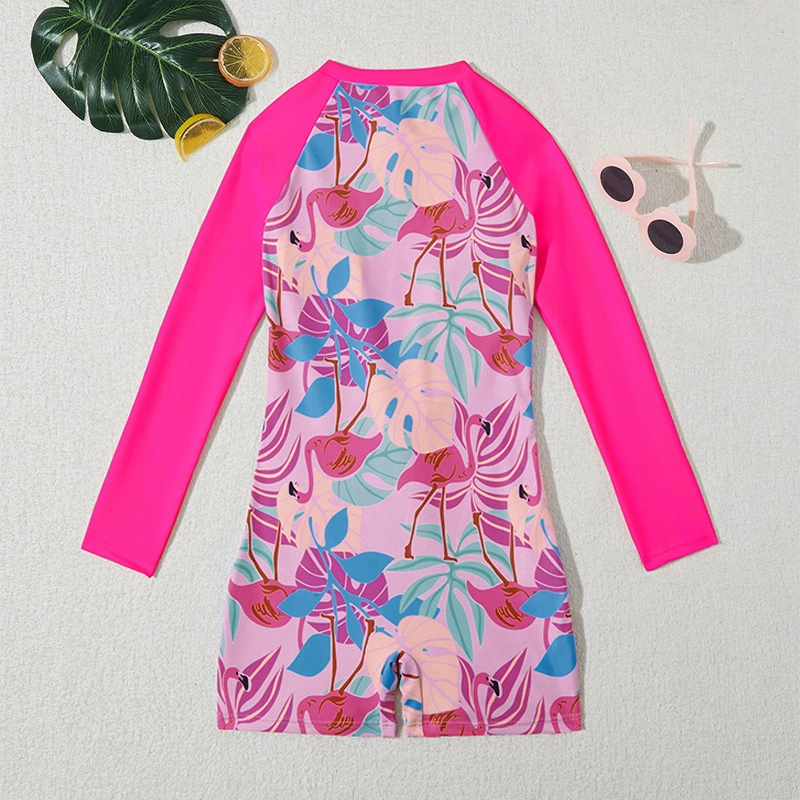 Girls Long Sleeve Zip-Front One-Piece Rash Guard Swimsuit