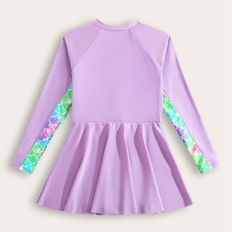 Girls Long Sleeve Zip Front Skirted One-Piece Swimsuit