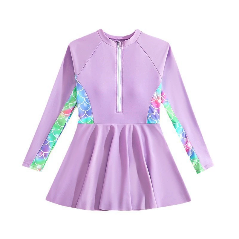 Girls Long Sleeve Zip Front Skirted One-Piece Swimsuit view 5