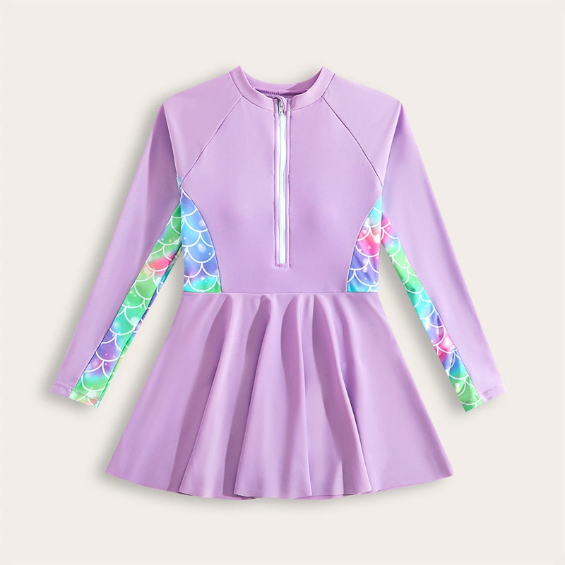 Girls Long Sleeve Zip Front Skirted One-Piece Swimsuit view 6