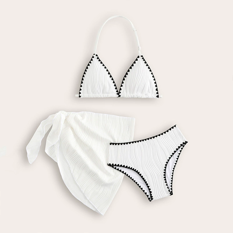 Girls Three-Piece Halter Triangle Bikini Set with Wrap Skirt