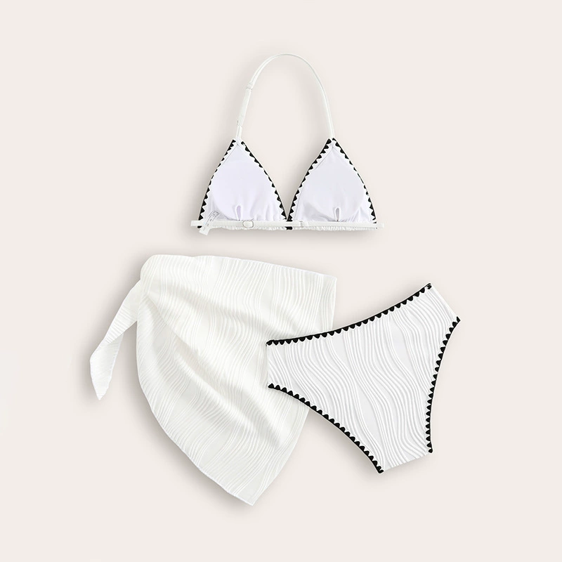 Girls Three-Piece Halter Triangle Bikini Set with Wrap Skirt