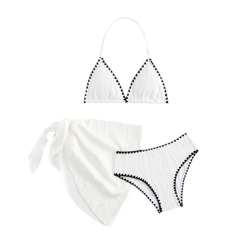 Girls Three-Piece Halter Triangle Bikini Set with Wrap Skirt view 5
