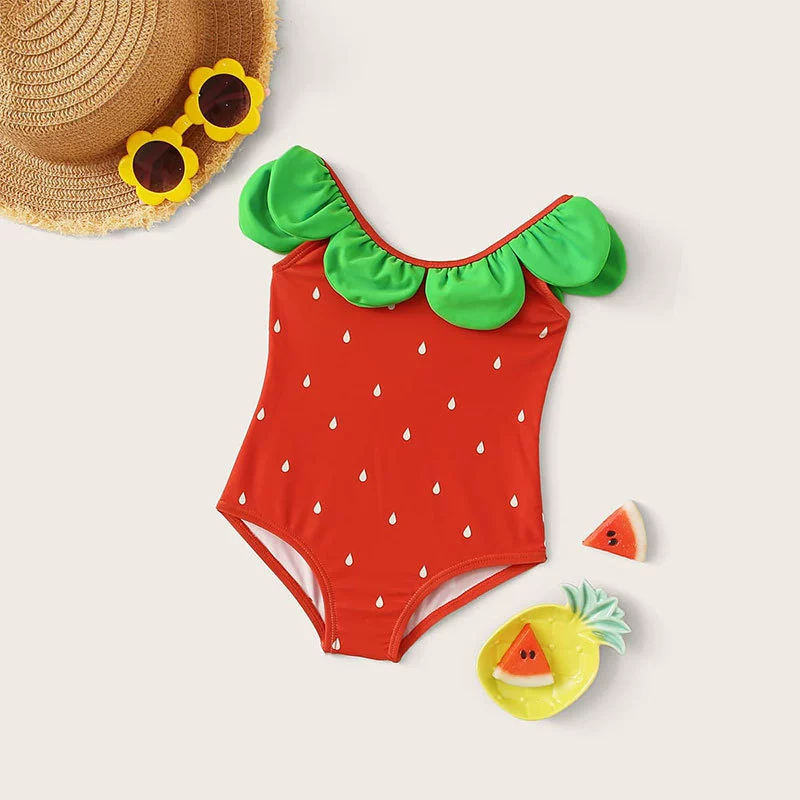 Girls One-Piece Swimsuit with Scalloped Ruffle Neckline