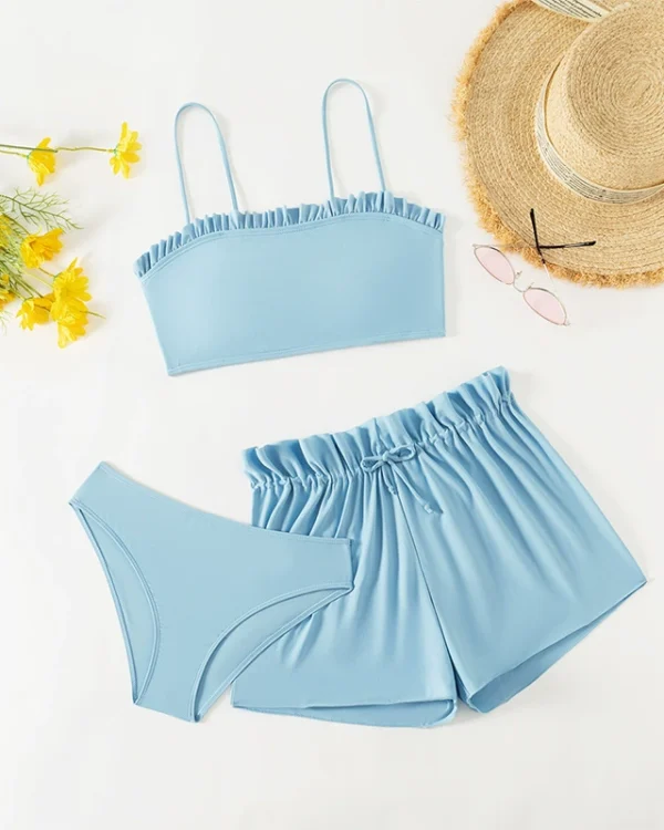 Traje de baño de tres piezas para niña con volantes
