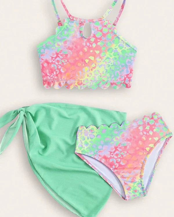 Conjunto de traje de baño de tres piezas para niñas con top y falda