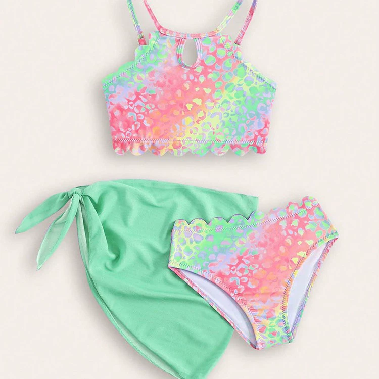 Girls Three-Piece Swimsuit Set with Keyhole Top and Skirt