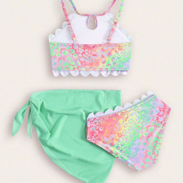 Girls Three-Piece Swimsuit Set with Keyhole Top and Skirt
