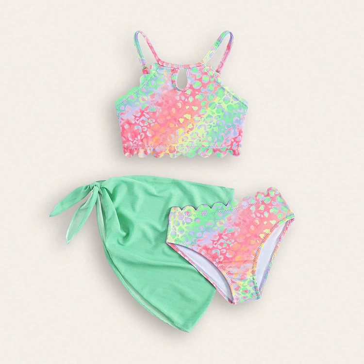 Girls Three-Piece Swimsuit Set with Keyhole Top and Skirt view 4