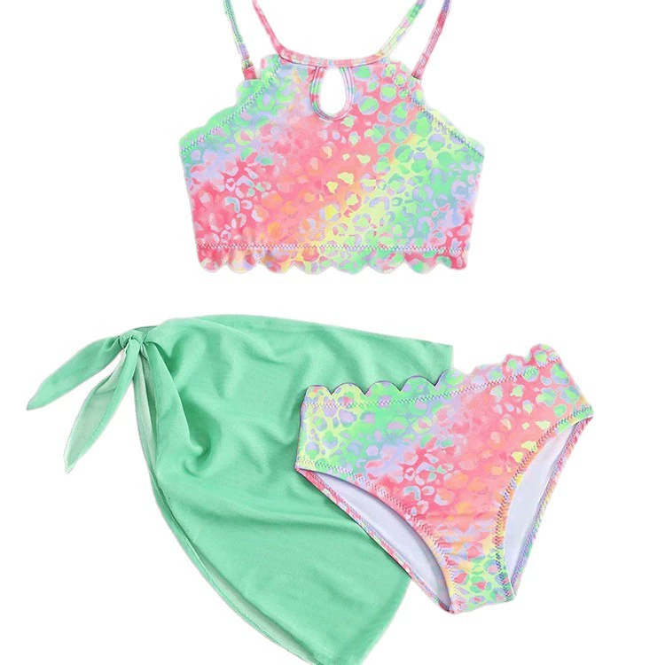 Girls Three-Piece Swimsuit Set with Keyhole Top and Skirt view 5