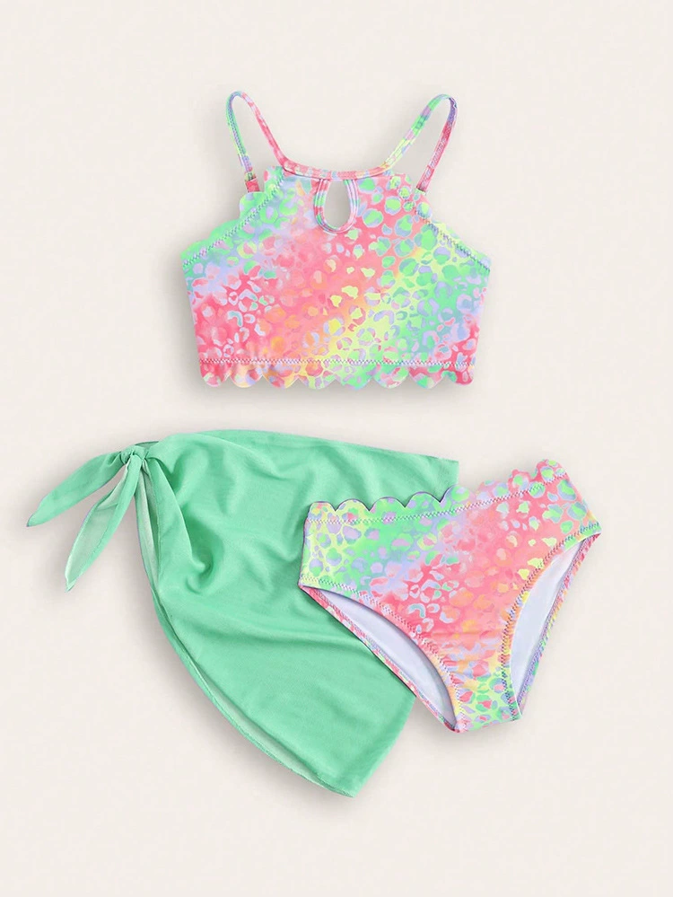 Girls Three-Piece Swimsuit Set with Keyhole Top and Skirt view 6