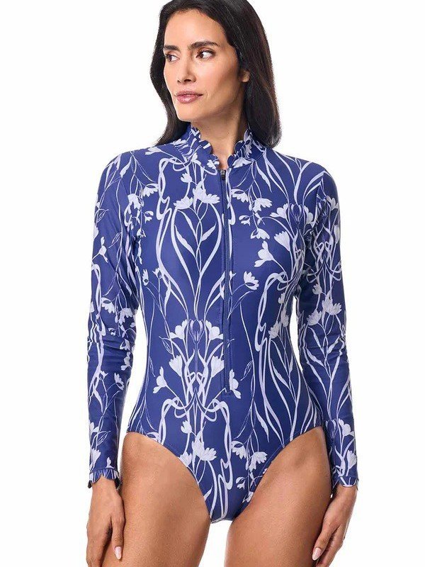 Blue and white floral print long sleeve zip-front rashguard one-piece with stand collar.