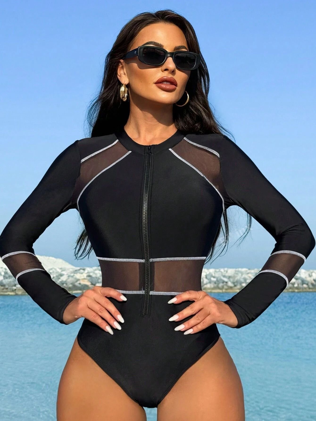 Long Sleeve Mesh Panel Zip Front One-Piece Swimsuit