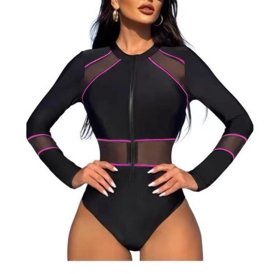 Black long sleeve one-piece swimsuit with front zipper, sheer mesh panels, and pink contrast stitching.