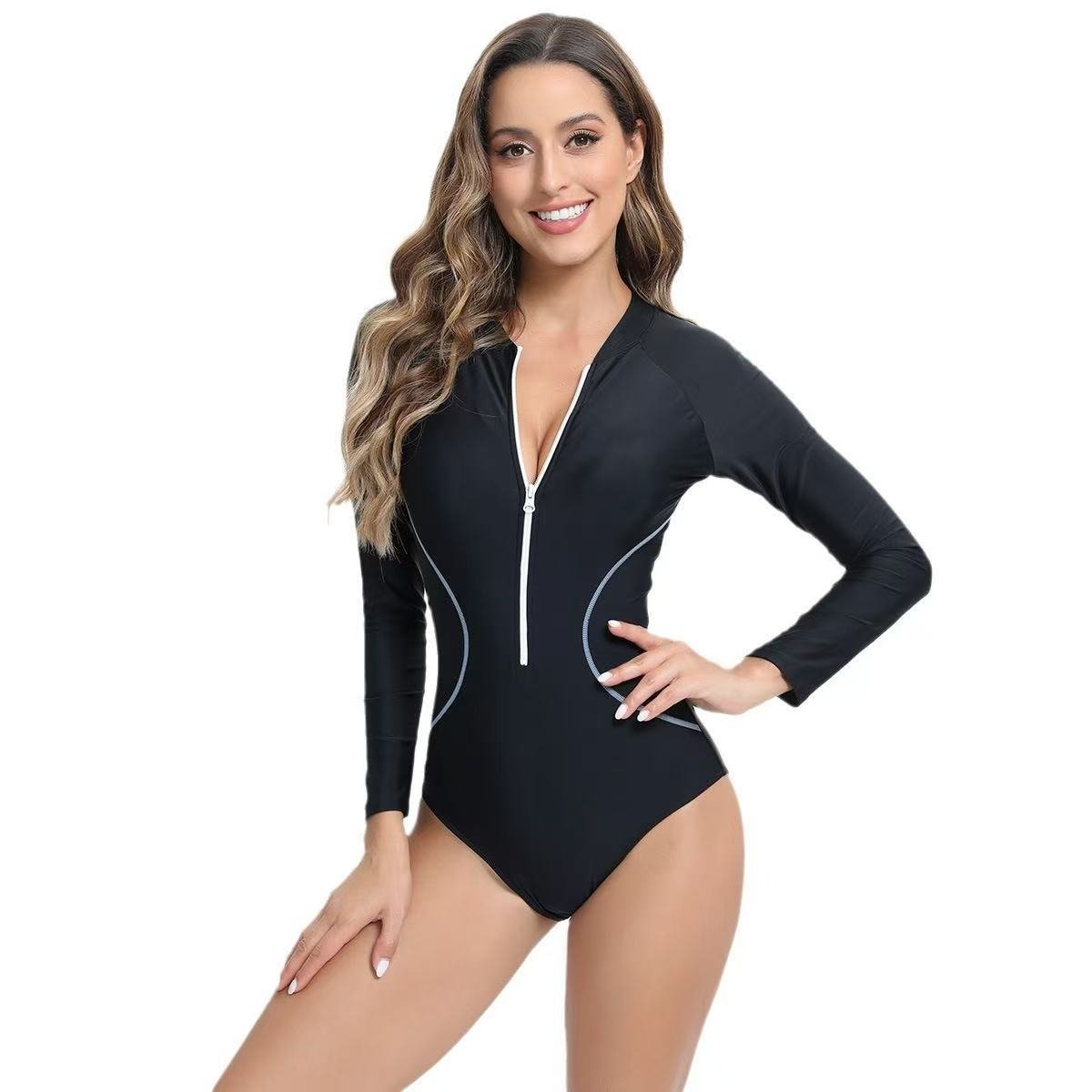 Black long sleeve one-piece swimsuit featuring a front zipper and high-cut leg design.