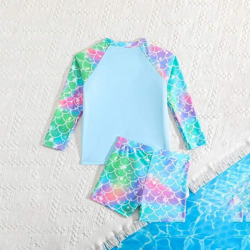 Girls Long Sleeve Raglan Rash Guard Swim Set with Shorts