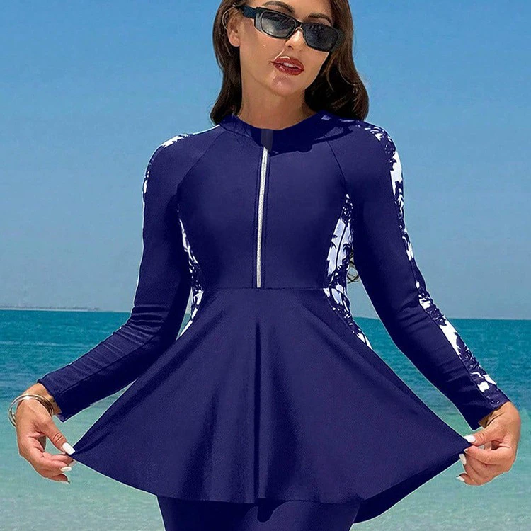 Long Sleeve Zip Front Swim Dress with Leggings