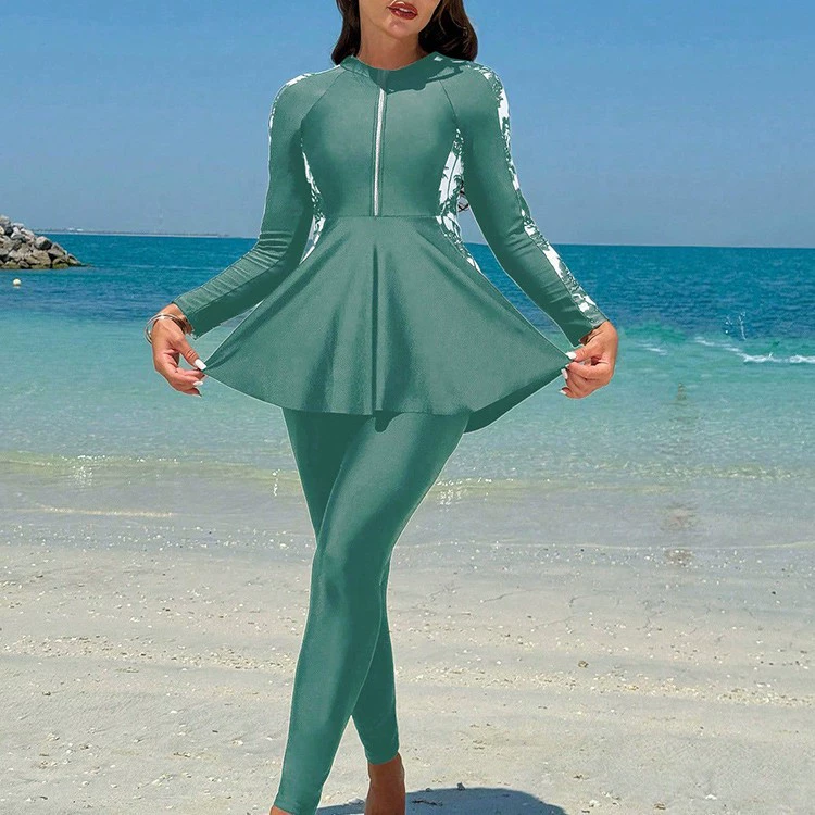 Long Sleeve Zip Front Swim Dress with Leggings view 3