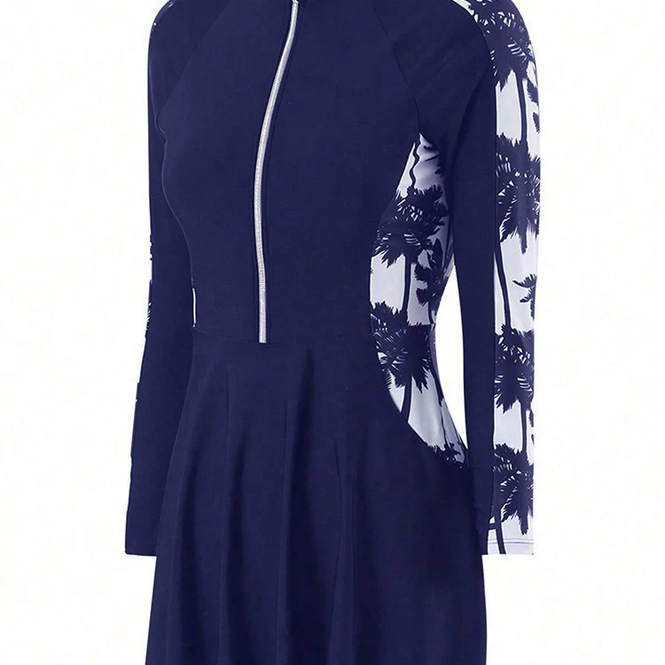 Long Sleeve Zip Front Swim Dress with Leggings view 5