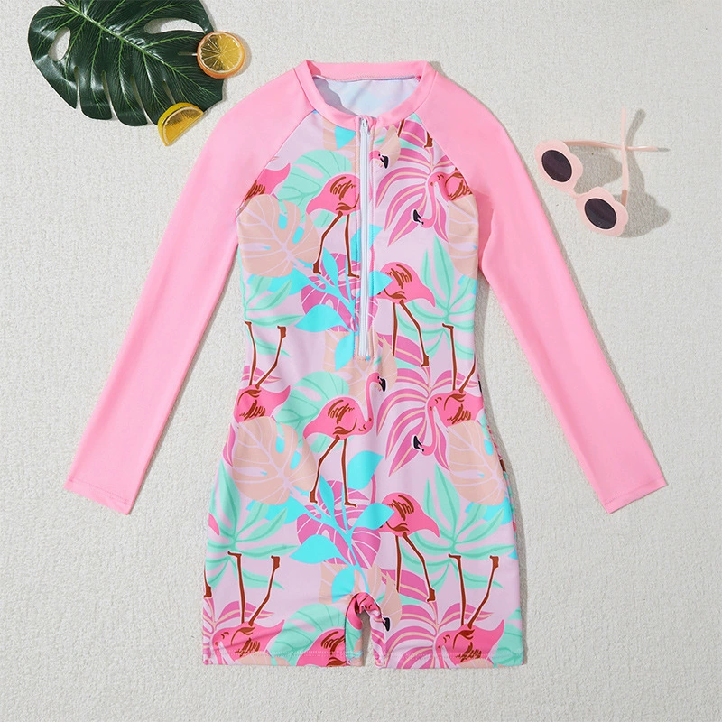Girls Long Sleeve One-Piece Rash Guard Swimsuit with Front Zipper