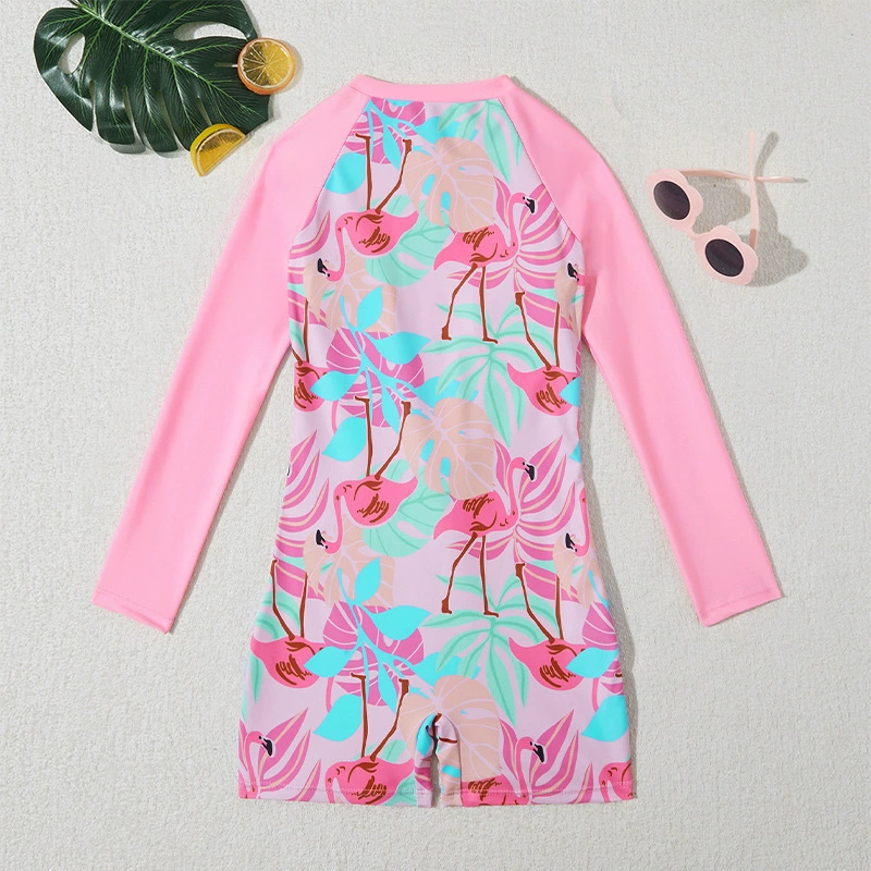 Girls Long Sleeve One-Piece Rash Guard Swimsuit with Front Zipper