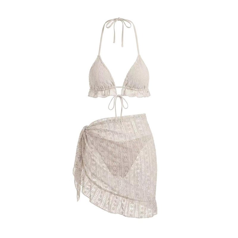 Beige crochet ruffled halter triangle bikini top and matching wrap skirt set.