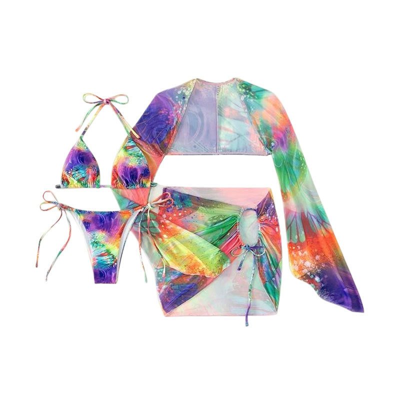 A colorful tie-dye three-piece swimwear set featuring a triangle bikini top, tie-side bottoms, a long-sleeve shrug, and a