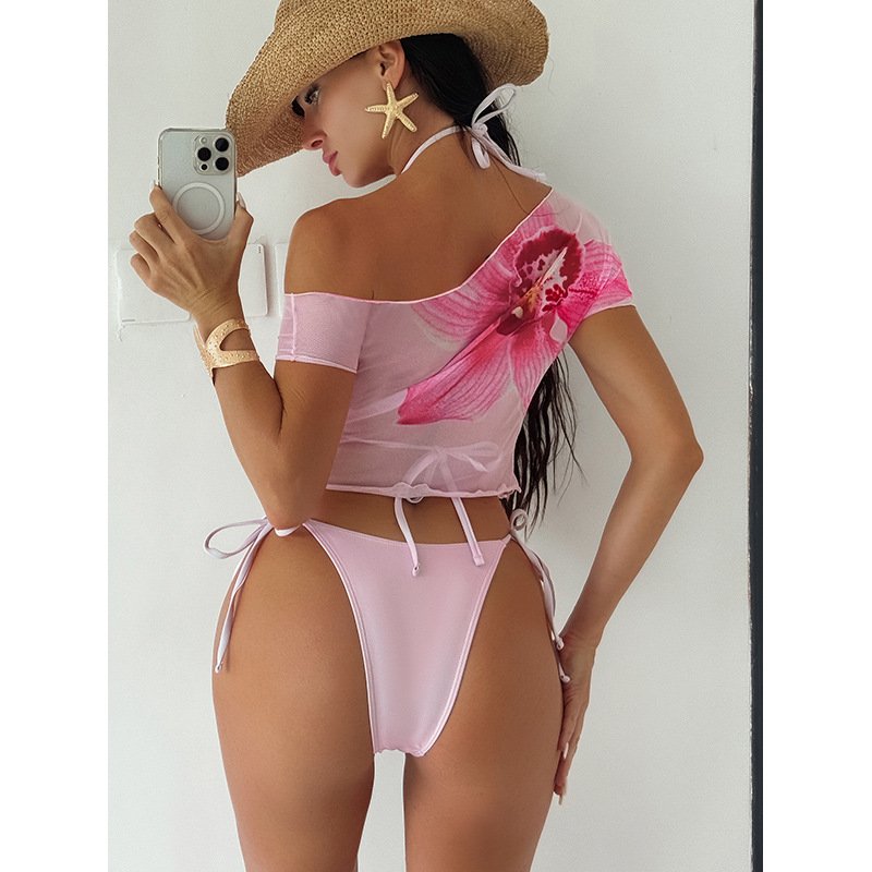 Off-Shoulder Mesh Cover-Up and Triangle Bikini Set