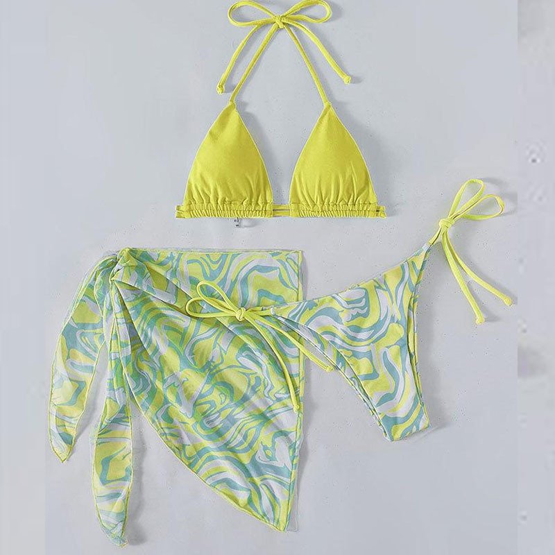 Tie-Strap Triangle Bikini Top with Tie-Side Bottoms and Wrap Skirt Set