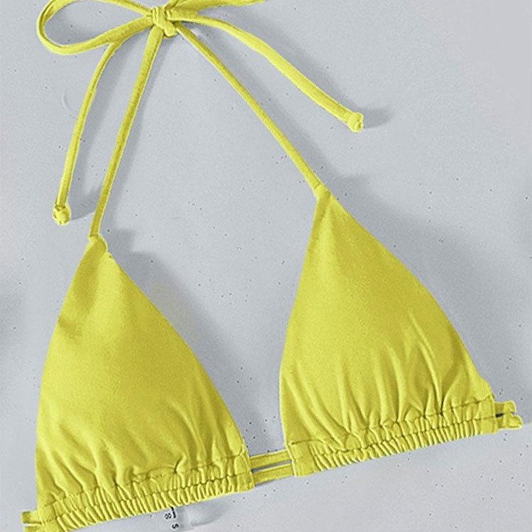 Yellow halter-neck triangle bikini top with tie closures and gathered elastic band.