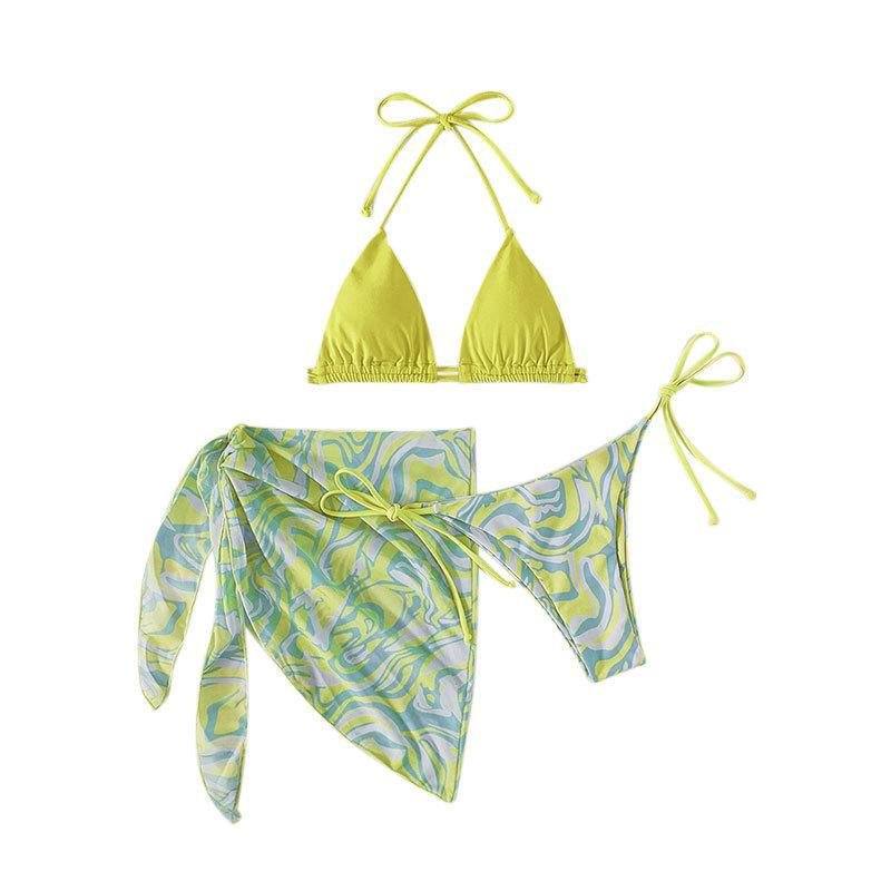 A three-piece swim set featuring a solid lime green halter triangle top, tie-side bottoms with a blue and