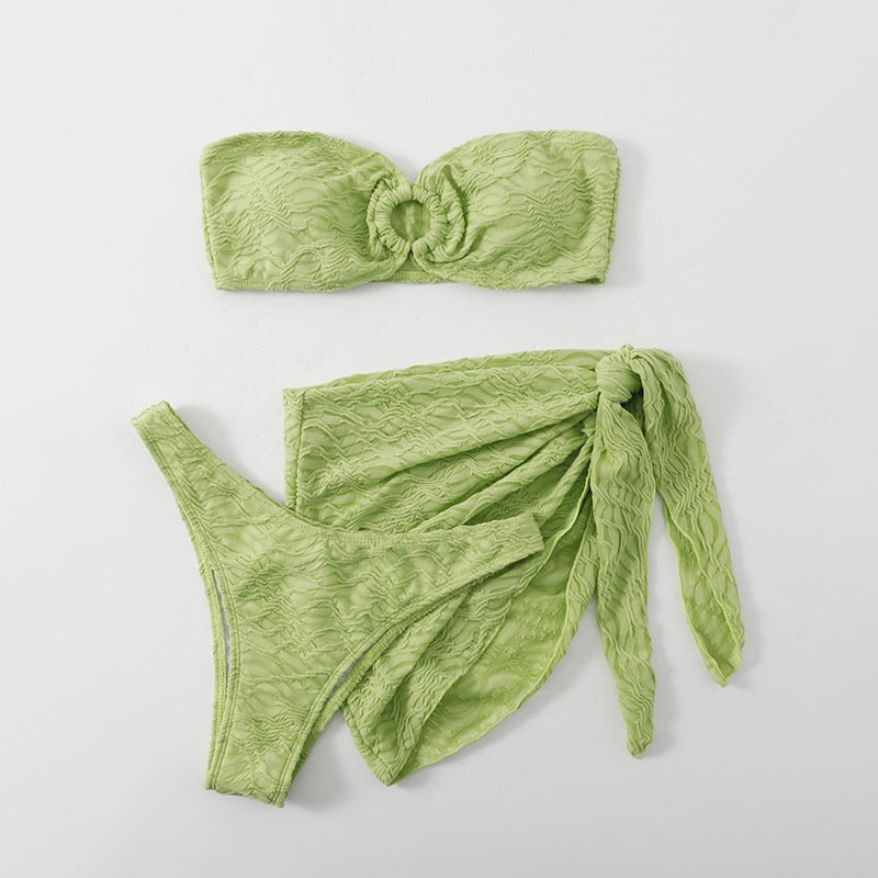 Green textured three-piece swimwear set featuring a strapless bandeau top with a center ring detail, bikini bottoms, and